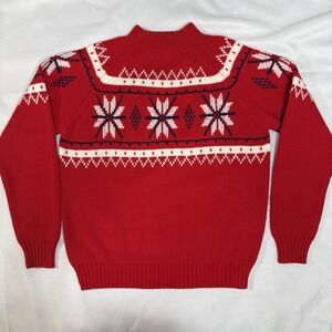 Vintage JC Penny Sweater Womens M 70s Knit Fair Isle Ski Snowflake Red Snow VTG‎